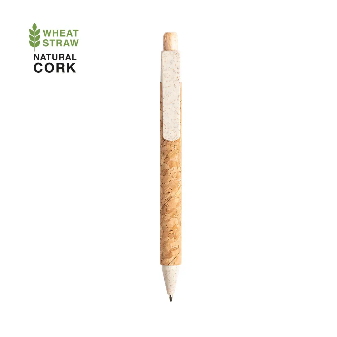 Bolígrafo ecológico con cuerpo de corcho natural y detalles de paja de trigo.