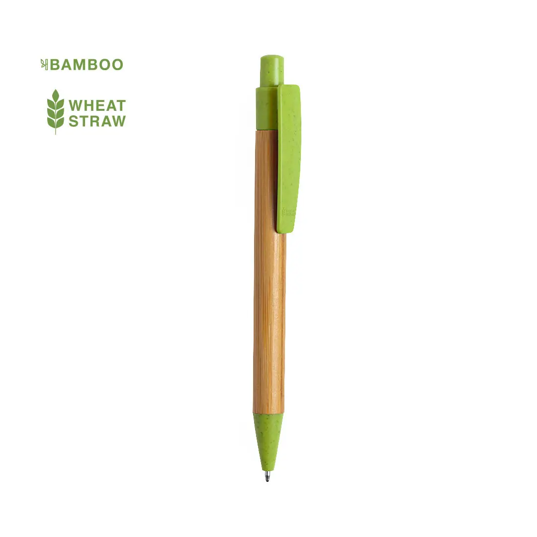 bolígrafo ecológico de bambú y paja de trigo con pulsador y clip verde