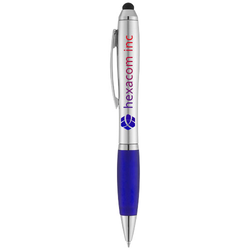 Bolígrafo plateado y azul con logotipo de Hexacom Inc y puntero táctil.