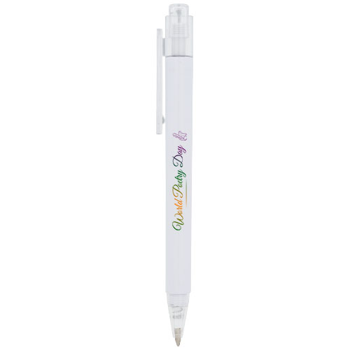 bolígrafo blanco de plástico con texto World Party Day en colores en el cuerpo