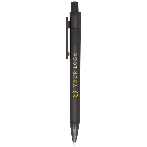 Bolígrafo negro de plástico con pulsador y clip, con espacio impreso YOUR LOGO en amarillo.
