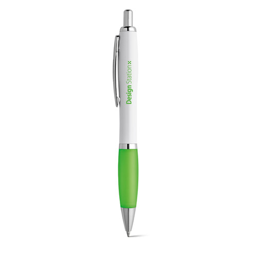 bolígrafo pulsador blanco y verde con logotipo Design Station