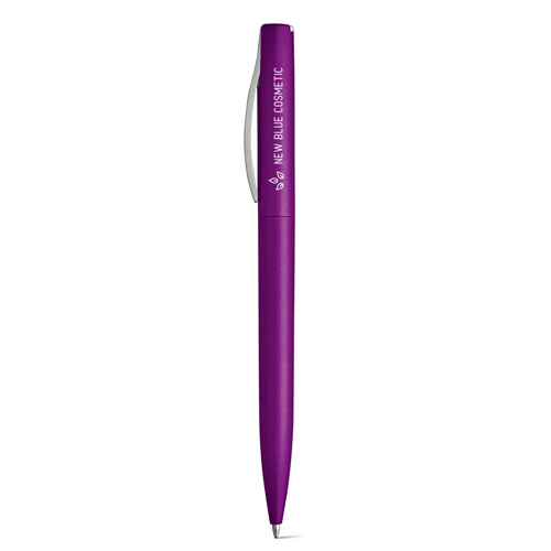 bolígrafo morado con clip plateado y la inscripción NEW BLUE COSMETIC