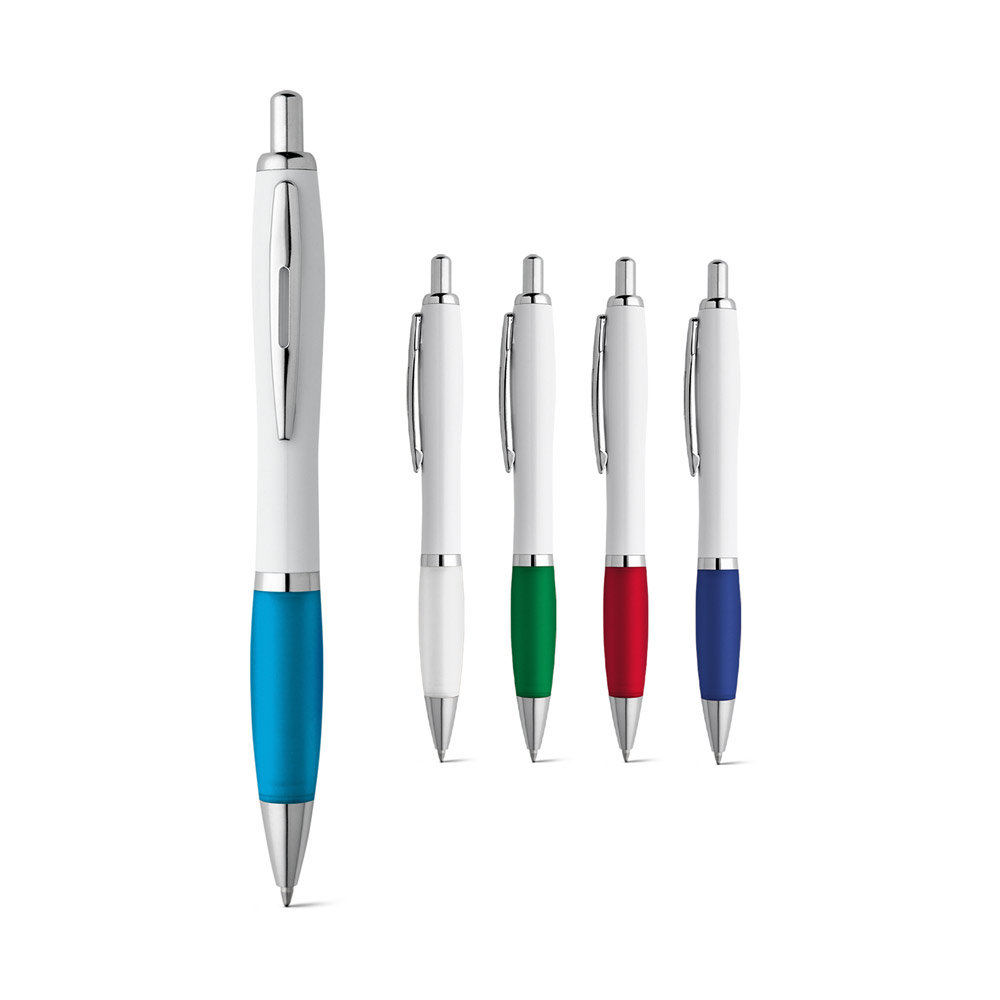 Conjunto de cinco bolígrafos de cuerpo blanco con mecanismo pulsador y empuñaduras en azul claro, blanco, verde, rojo y azul oscuro