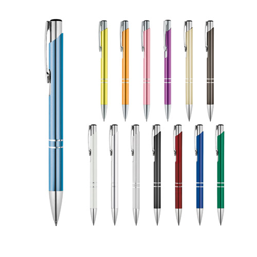Varios bolígrafos de metal en distintos colores alineados sobre fondo blanco