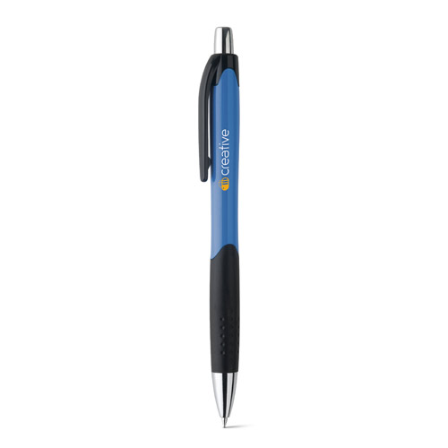 Bolígrafo retráctil azul con agarre negro y logotipo Creative