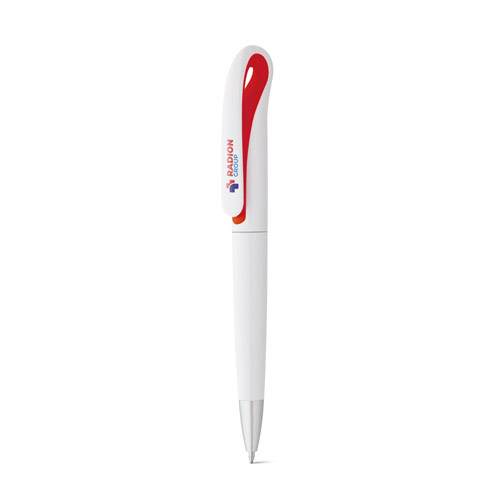 Bolígrafo blanco con detalles rojos y el logotipo de Radion Group sobre fondo blanco.