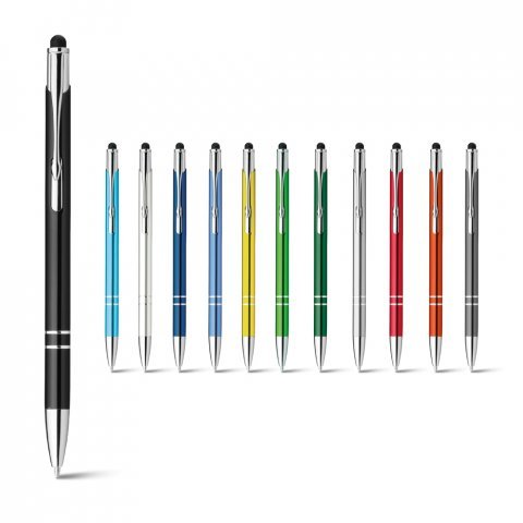 Conjunto de bolígrafos metálicos con punta táctil en varios colores sobre fondo blanco