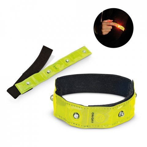 brazalete reflectante amarillo con luces LED y cierre de velcro para señalización en la oscuridad